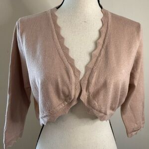 Kancy Kole cropped cardigan sweater tan shark tooth trim SZ XL